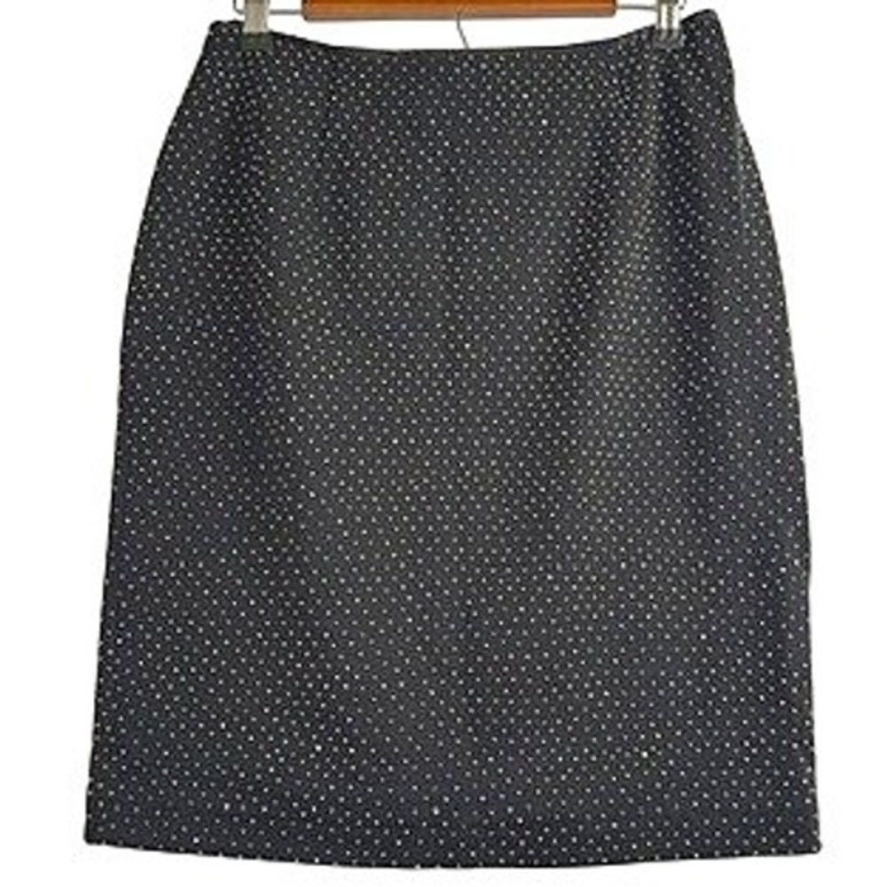 Adrienne Vittadini Black Wool Bead Pencil Skirt Size 12 Gold Studded Knee-Length
